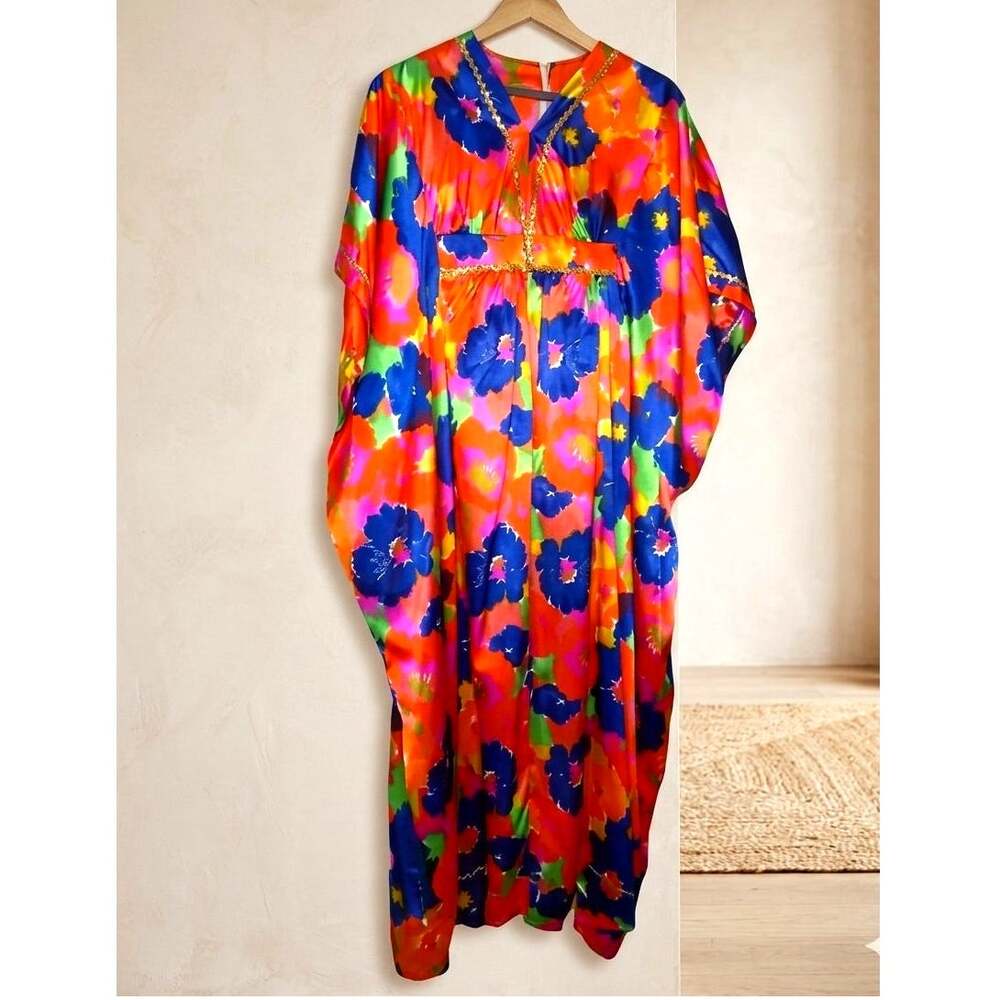 Vintage 70s Vibrant Multicolor Psychedelic Floral Kaftan Dress Boho Maxi READ